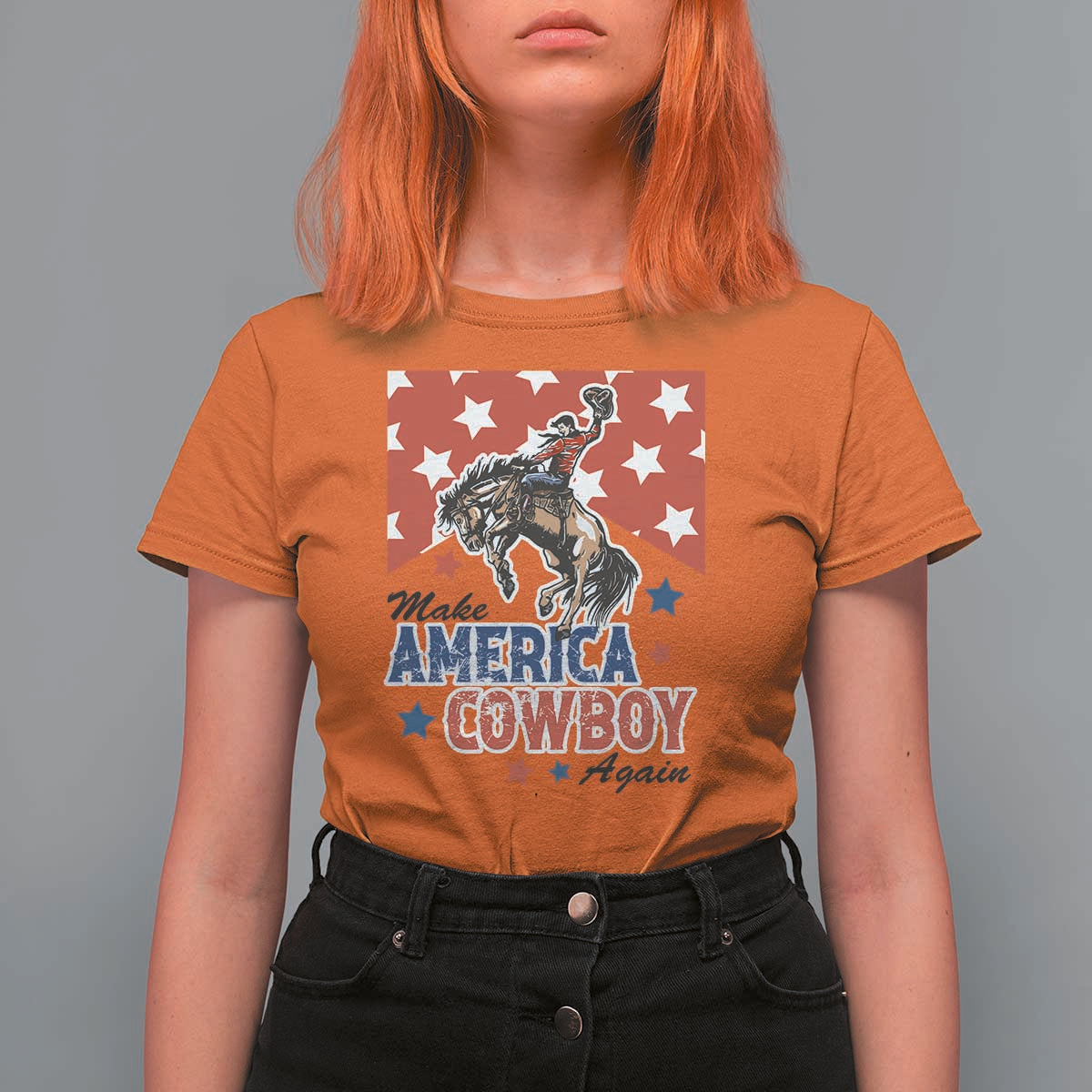 Make America Cowboy Again Patriotic Western T Shirt For Women Bucking Bronco Star Spangled USA Flag Inspired Country