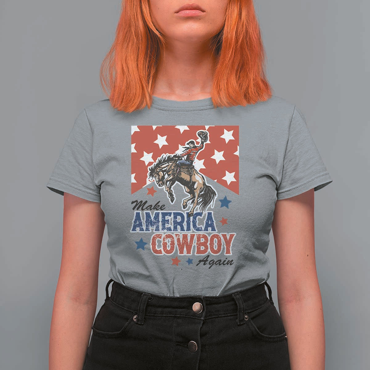 Make America Cowboy Again Patriotic Western T Shirt For Women Bucking Bronco Star Spangled USA Flag Inspired Country
