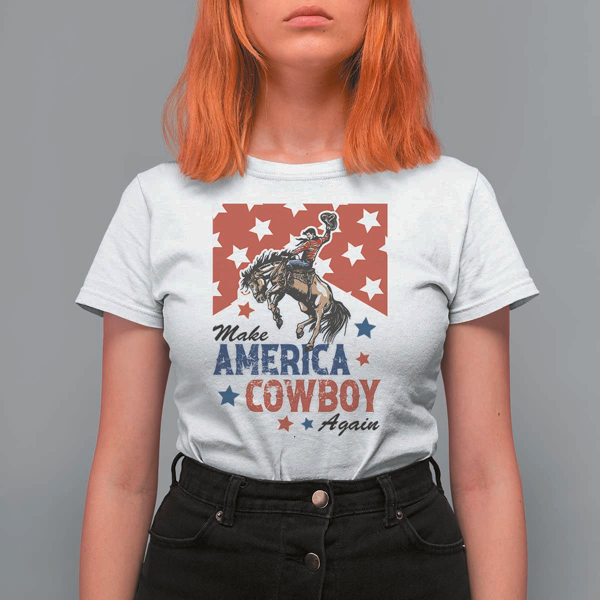 Make America Cowboy Again Patriotic Western T Shirt For Women Bucking Bronco Star Spangled USA Flag Inspired Country