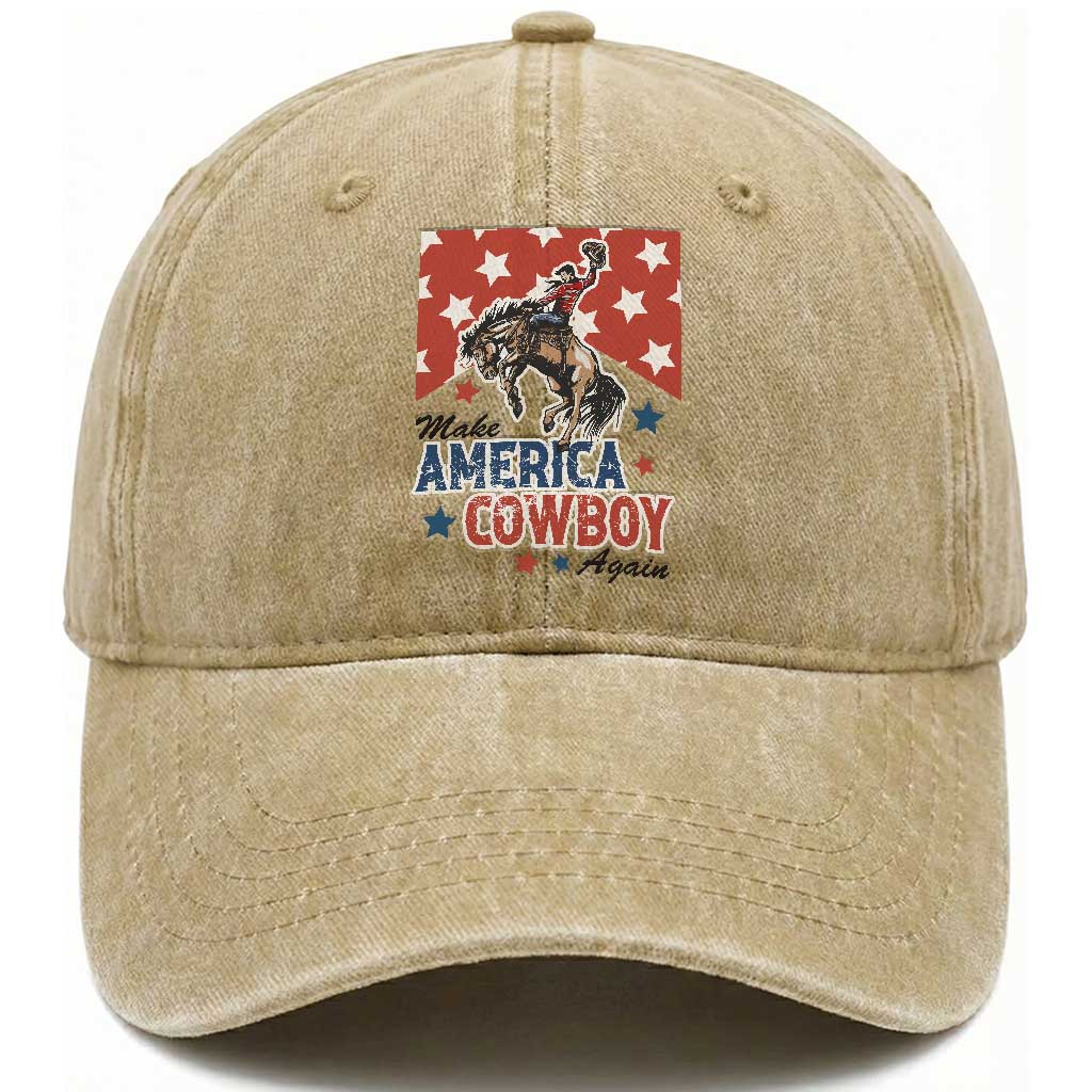 Make America Cowboy Again Patriotic Western Washed Cotton Baseball Cap Bucking Bronco Star Spangled USA Flag Inspired Country