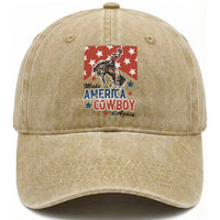 Make America Cowboy Again Patriotic Western Washed Cotton Baseball Cap Bucking Bronco Star Spangled USA Flag Inspired Country