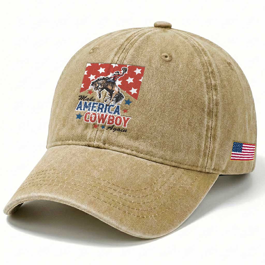 Make America Cowboy Again Patriotic Western Washed Cotton Baseball Cap Bucking Bronco Star Spangled USA Flag Inspired Country