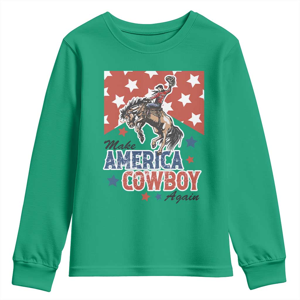 Make America Cowboy Again Patriotic Western Youth Sweatshirt Bucking Bronco Star Spangled USA Flag Inspired Country