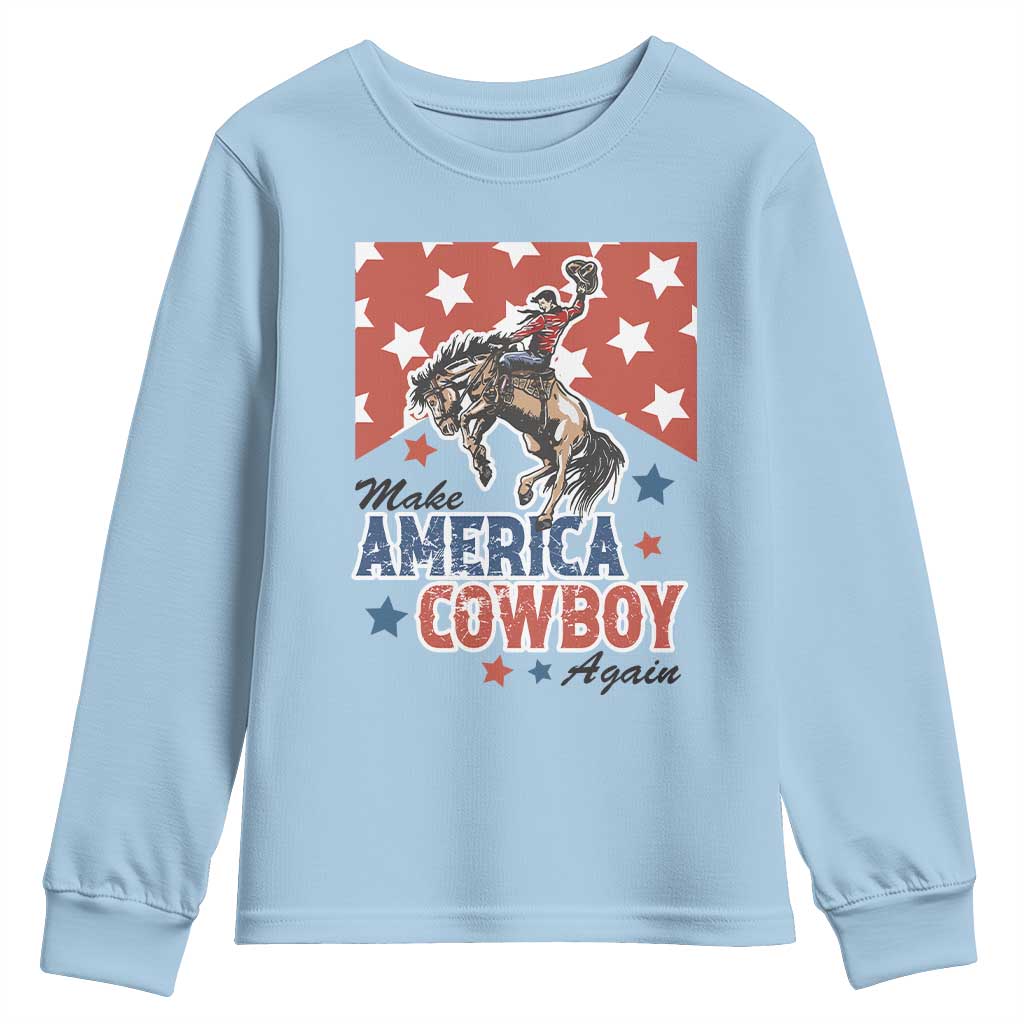 Make America Cowboy Again Patriotic Western Youth Sweatshirt Bucking Bronco Star Spangled USA Flag Inspired Country