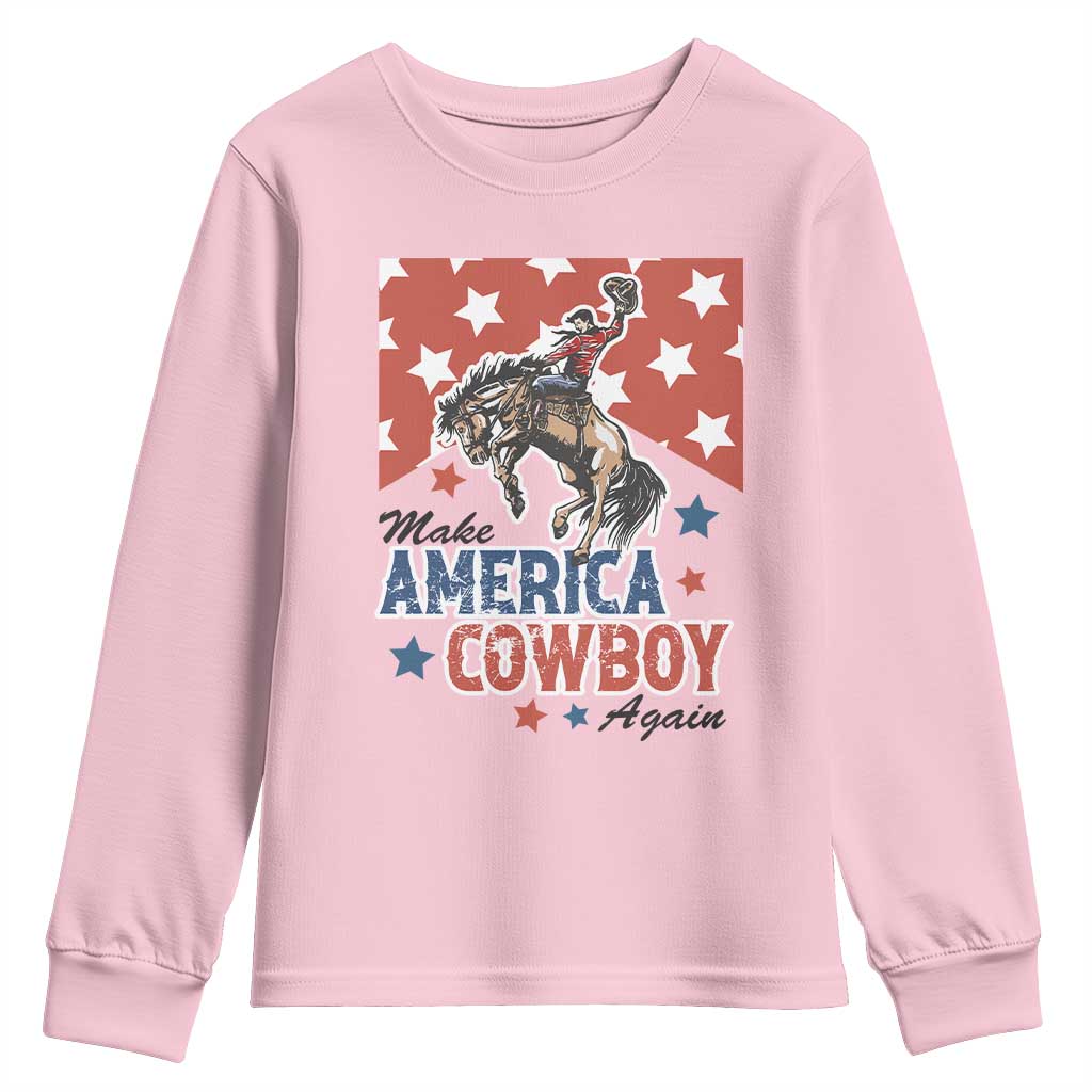 Make America Cowboy Again Patriotic Western Youth Sweatshirt Bucking Bronco Star Spangled USA Flag Inspired Country