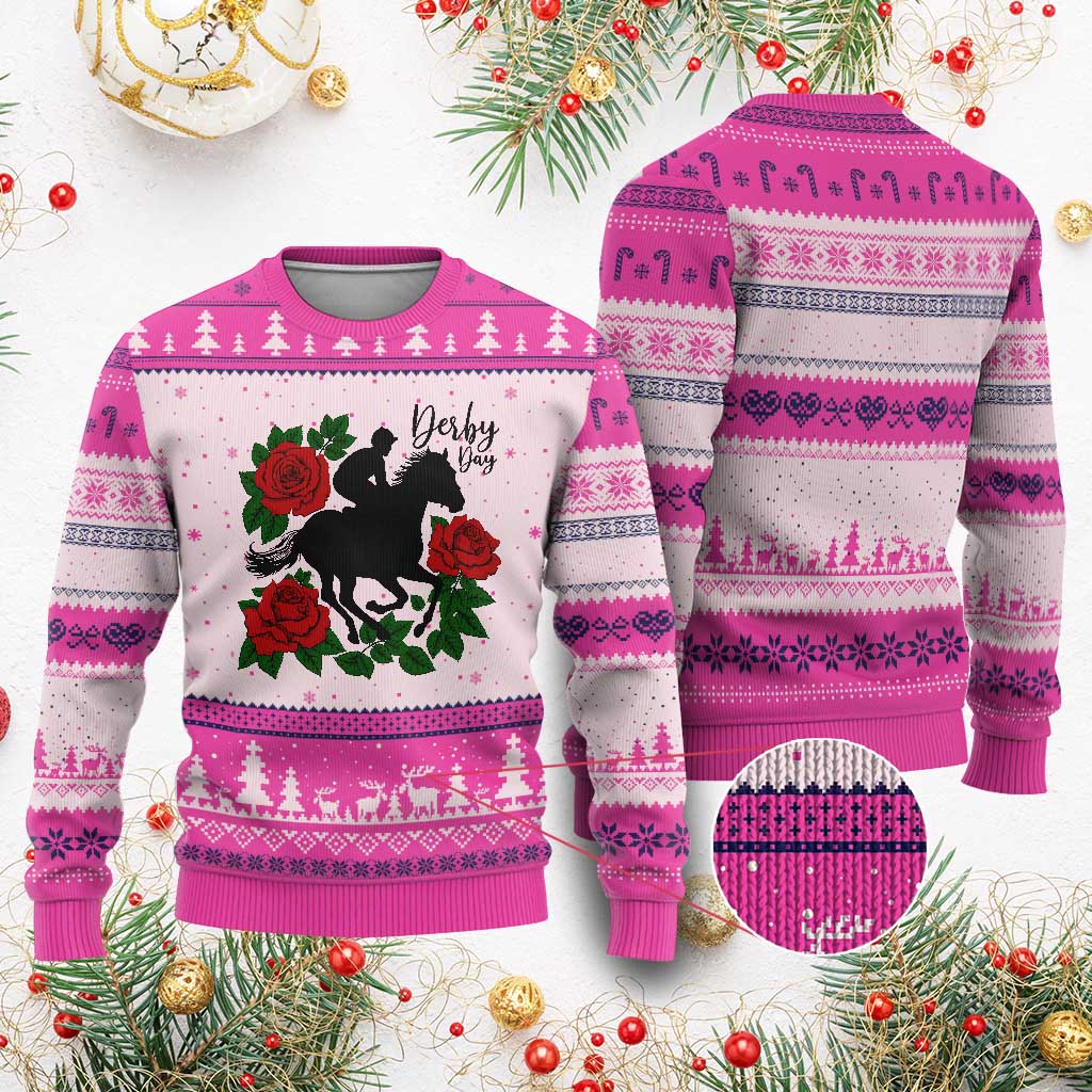 Vintage Jockey and Roses Horse Racing Graphic Ugly Christmas Sweater Classic Derby Day Fan