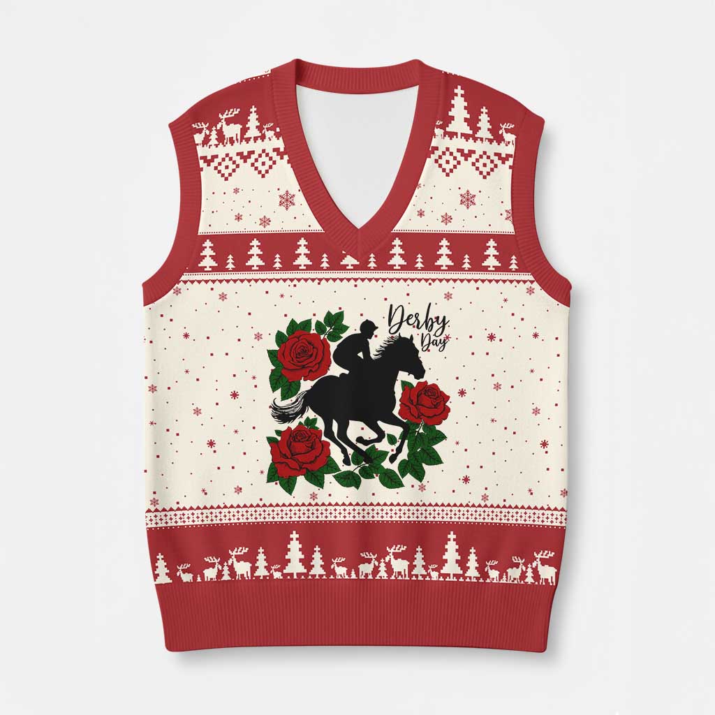 Vintage Jockey and Roses Horse Racing Graphic V-Neck Knit Sweater Vest Classic Derby Day Fan