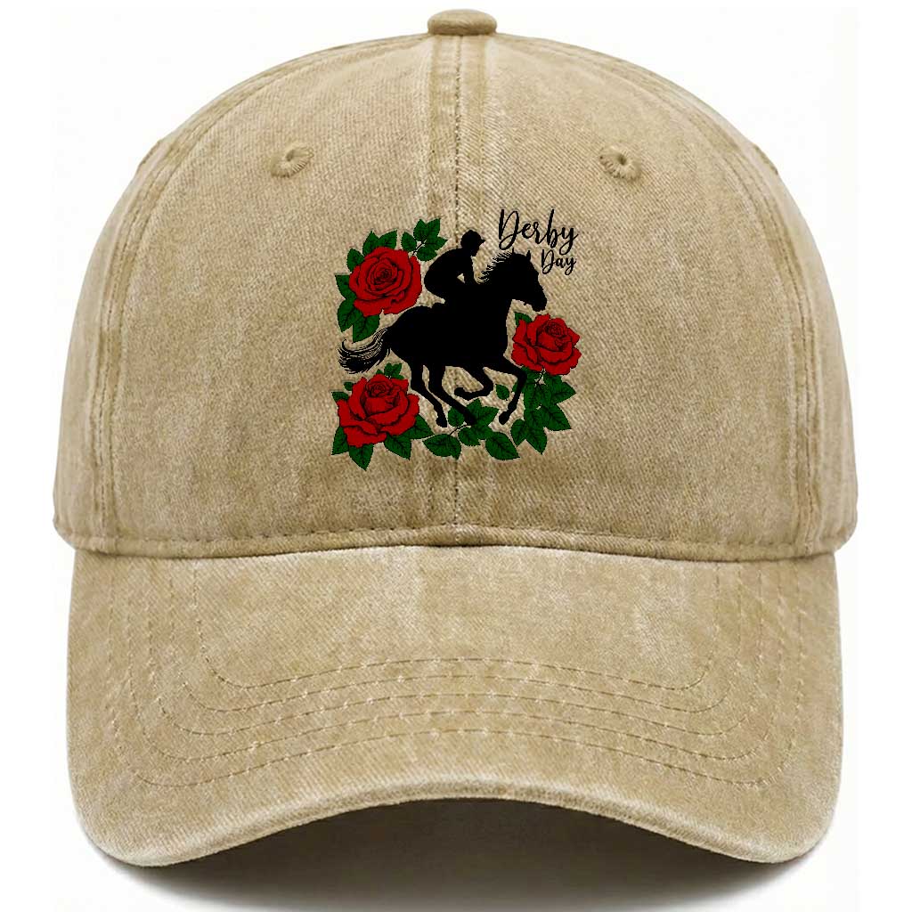 Vintage Jockey and Roses Horse Racing Graphic Washed Cotton Baseball Cap Classic Derby Day Fan