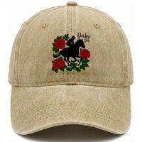 Vintage Jockey and Roses Horse Racing Graphic Washed Cotton Baseball Cap Classic Derby Day Fan