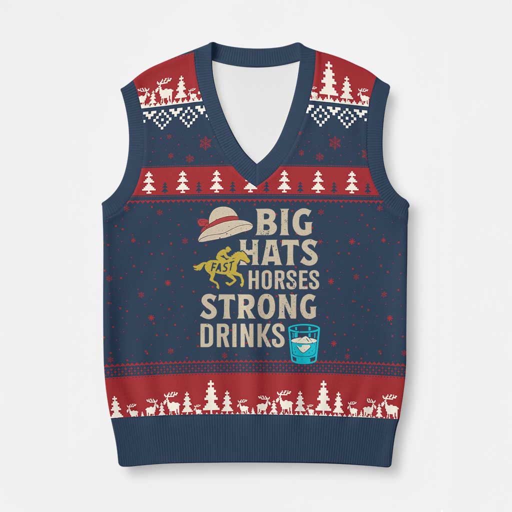 Big Hats Fast Horses Strong Drinks Retro V-Neck Knit Sweater Vest Southern Derby Day Watch Party Graphic