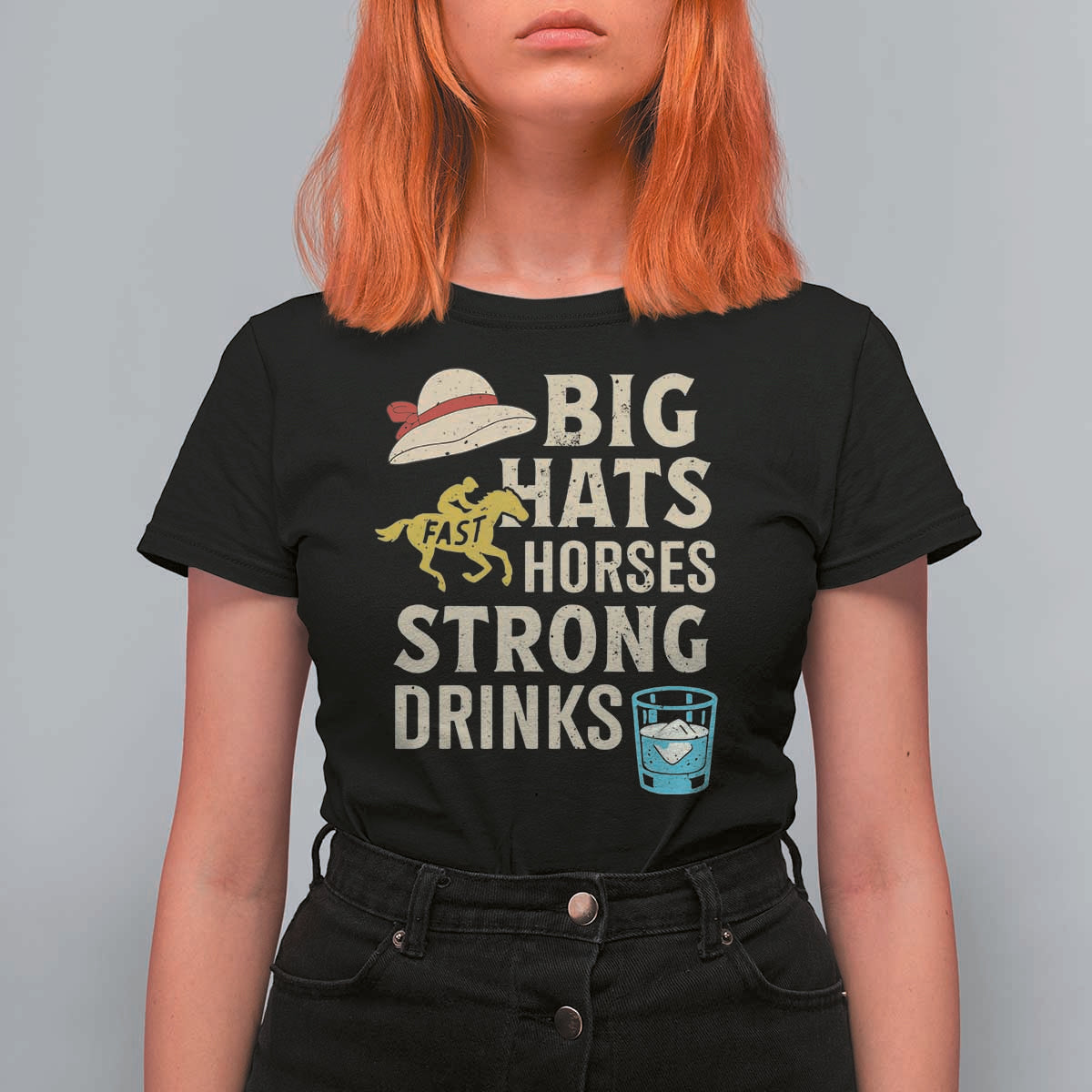 Big Hats Fast Horses Strong Drinks Retro T Shirt For Women Southern Derby Day Watch Party Graphic