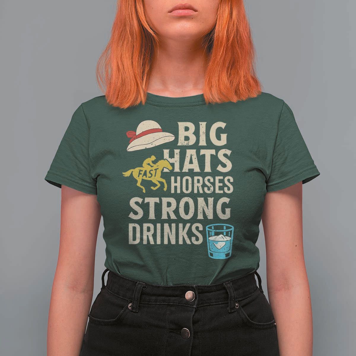 Big Hats Fast Horses Strong Drinks Retro T Shirt For Women Southern Derby Day Watch Party Graphic