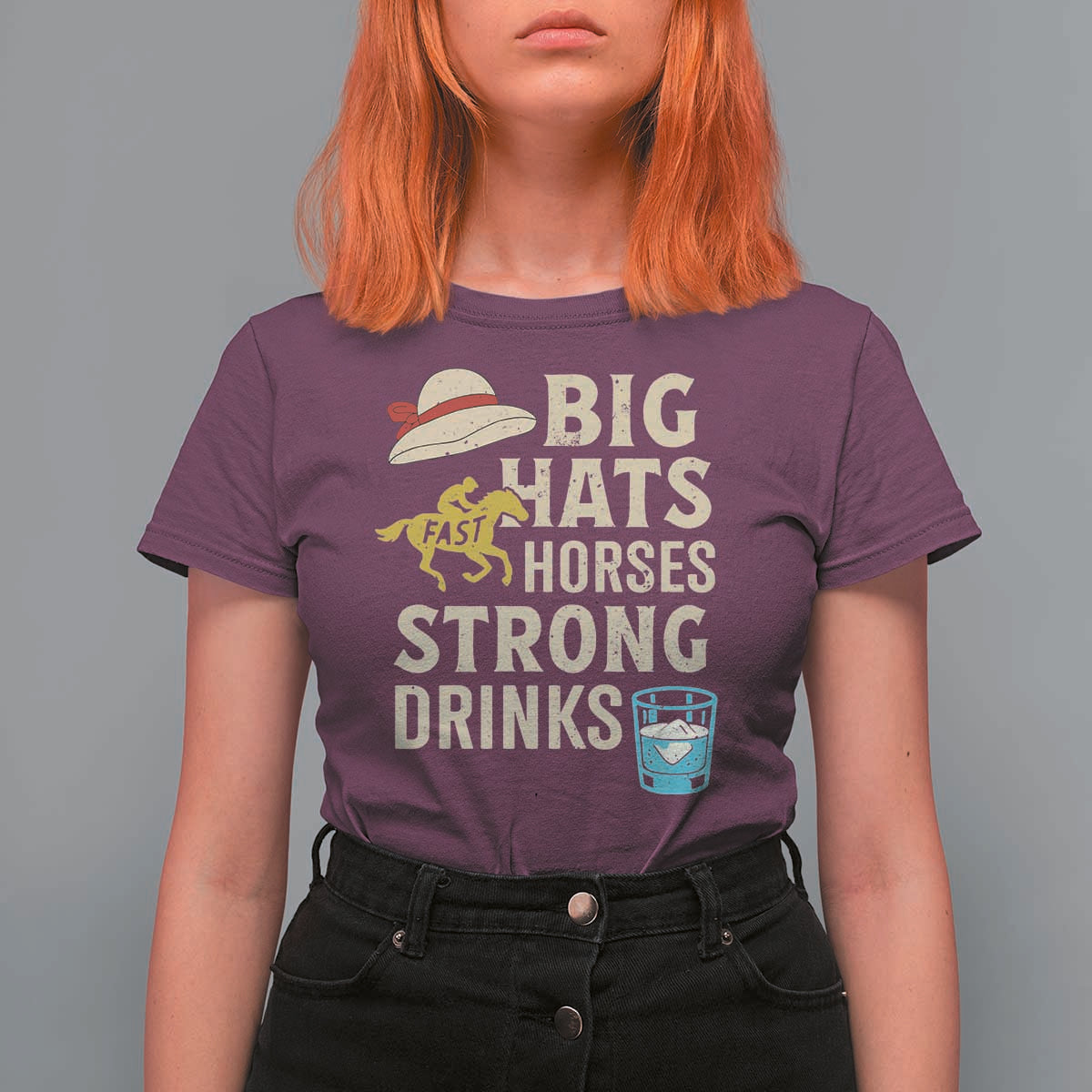 Big Hats Fast Horses Strong Drinks Retro T Shirt For Women Southern Derby Day Watch Party Graphic