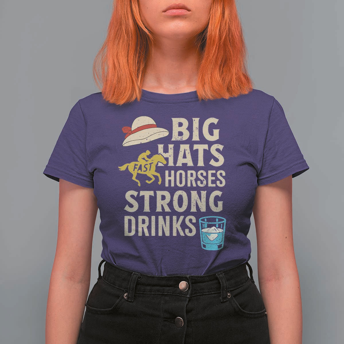 Big Hats Fast Horses Strong Drinks Retro T Shirt For Women Southern Derby Day Watch Party Graphic