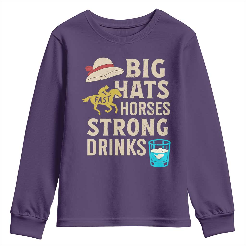Big Hats Fast Horses Strong Drinks Retro Youth Sweatshirt Southern Derby Day Watch Party Graphic