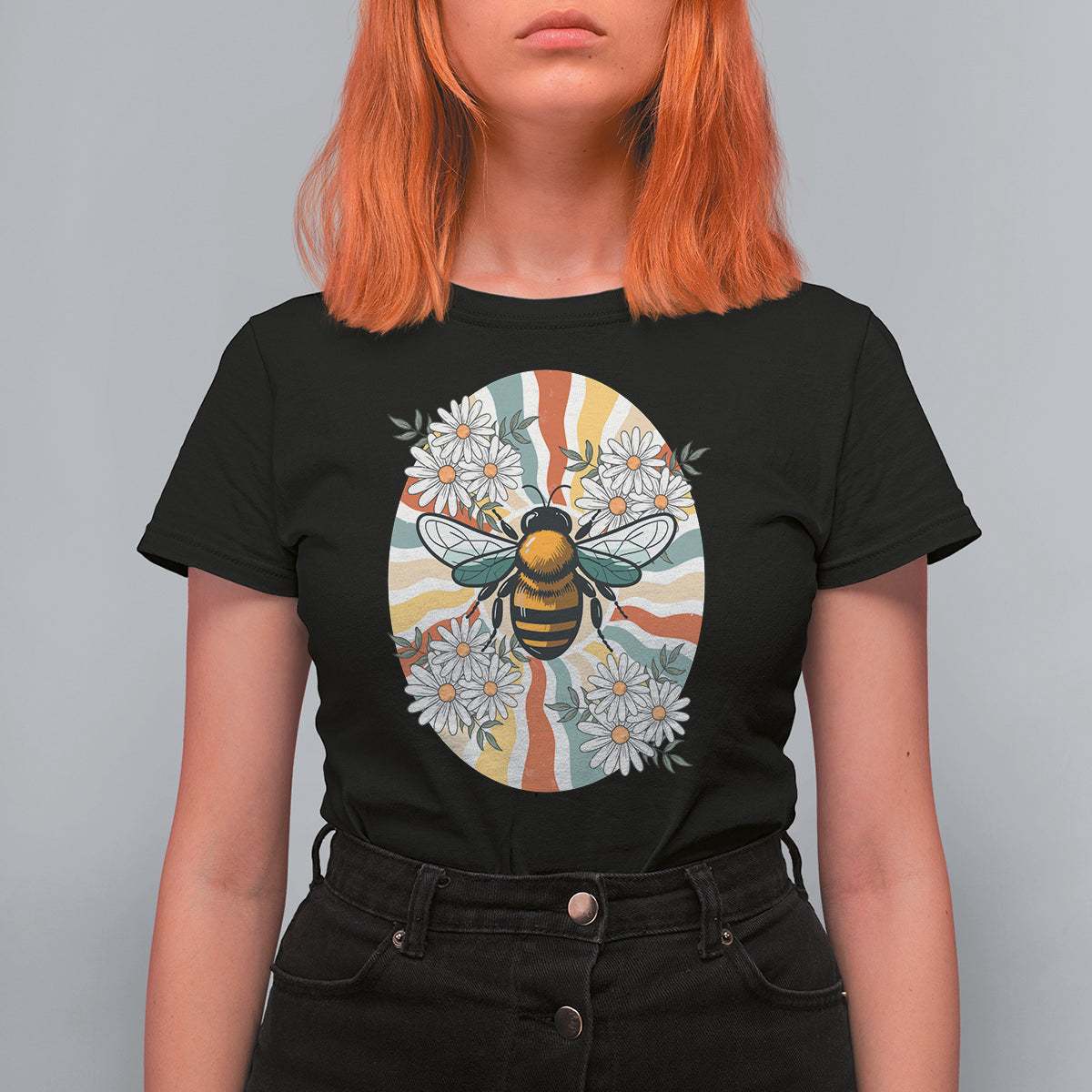 Vintage Bee Daisy Flowers Retro Groovy T Shirt For Women - Wonder Print Shop