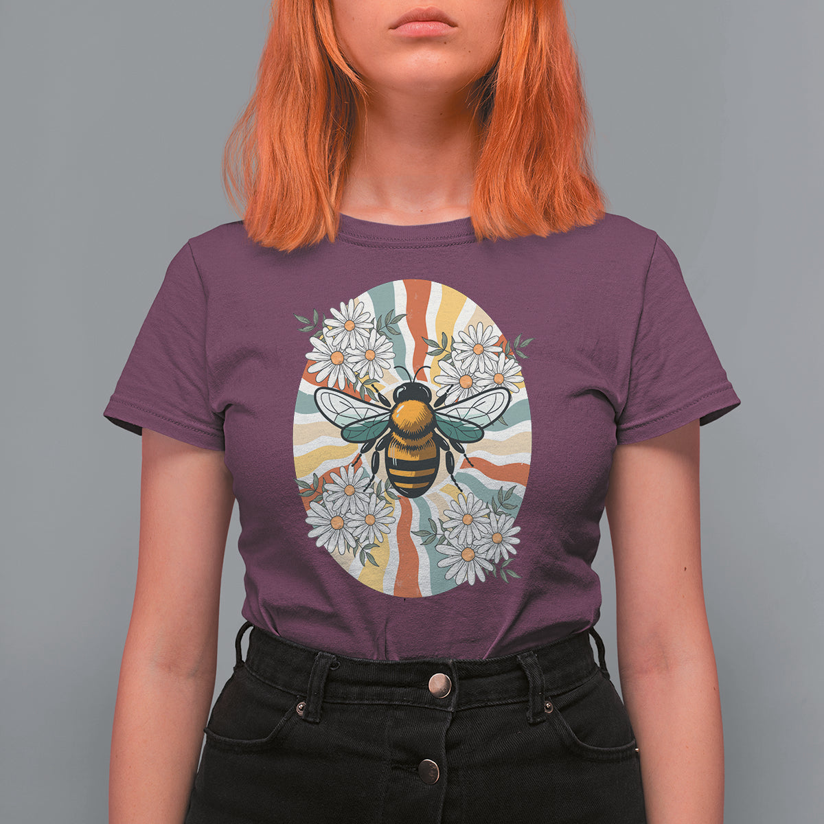 Vintage Bee Daisy Flowers Retro Groovy T Shirt For Women - Wonder Print Shop