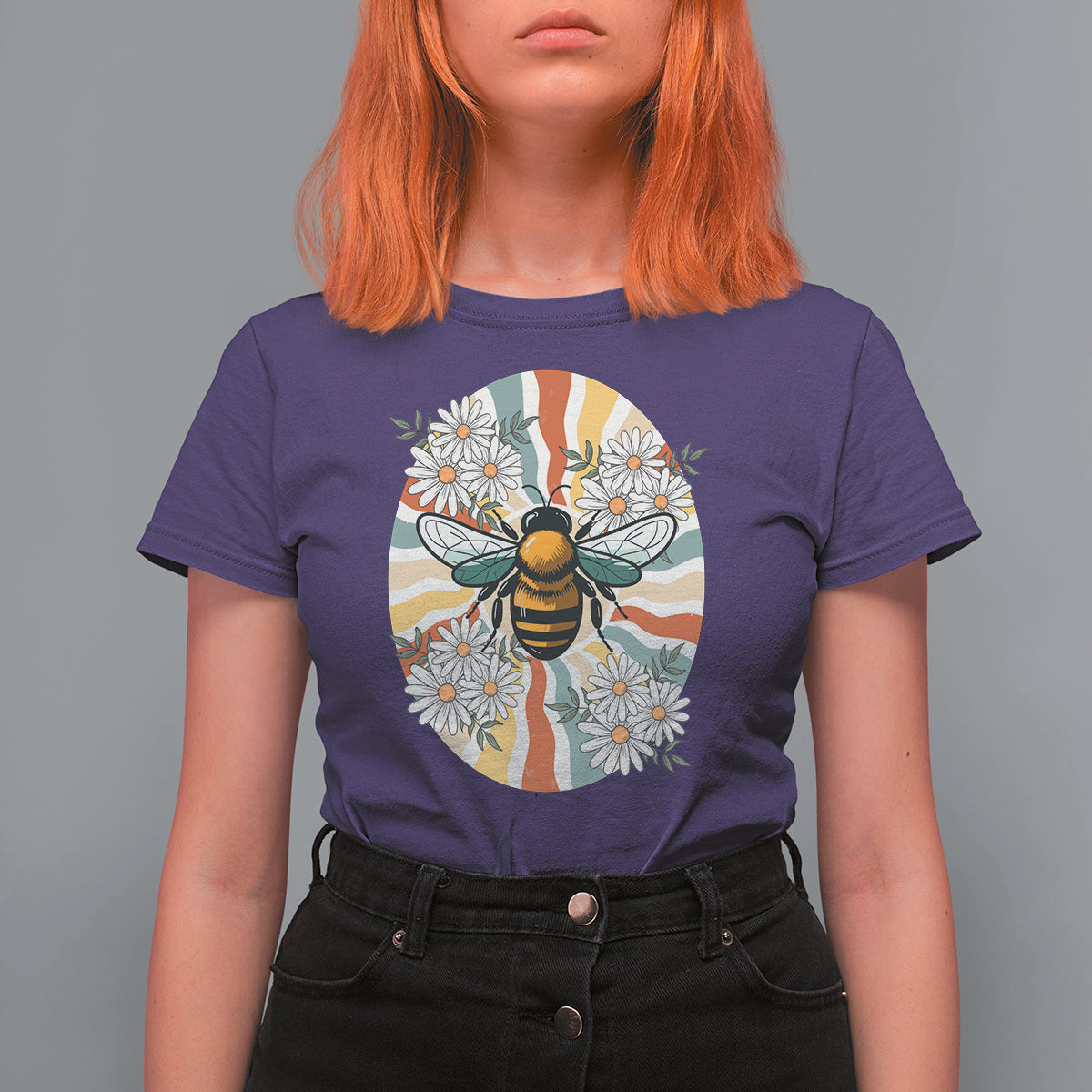 Vintage Bee Daisy Flowers Retro Groovy T Shirt For Women - Wonder Print Shop