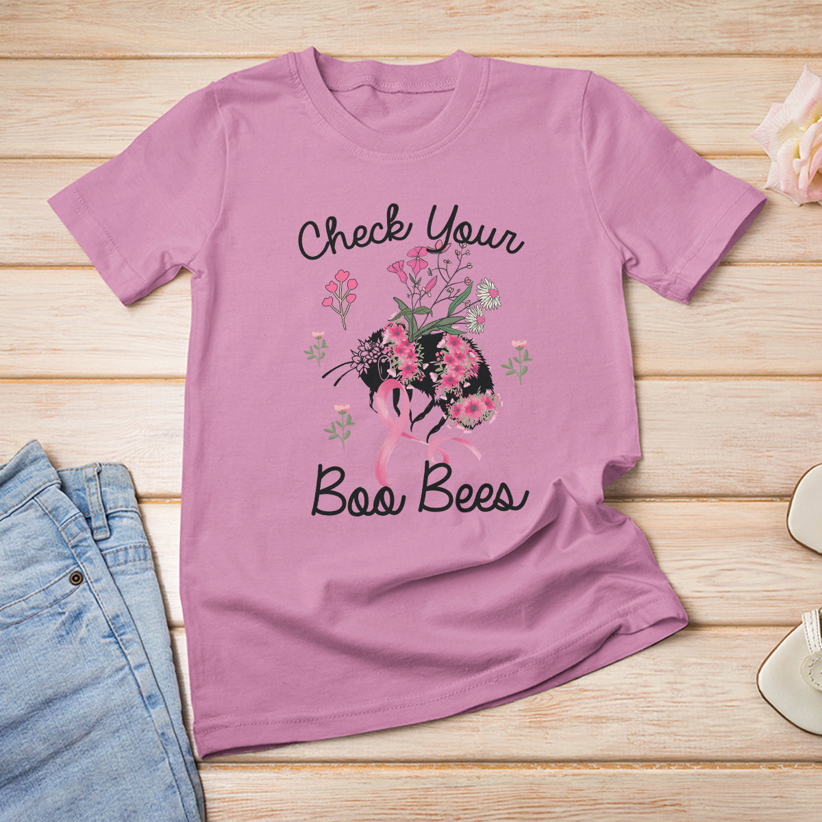 Breast Cancer Awareness T Shirt Check Your Boo Bees Pink Ribbon Support Squad - Wonder Print Shop