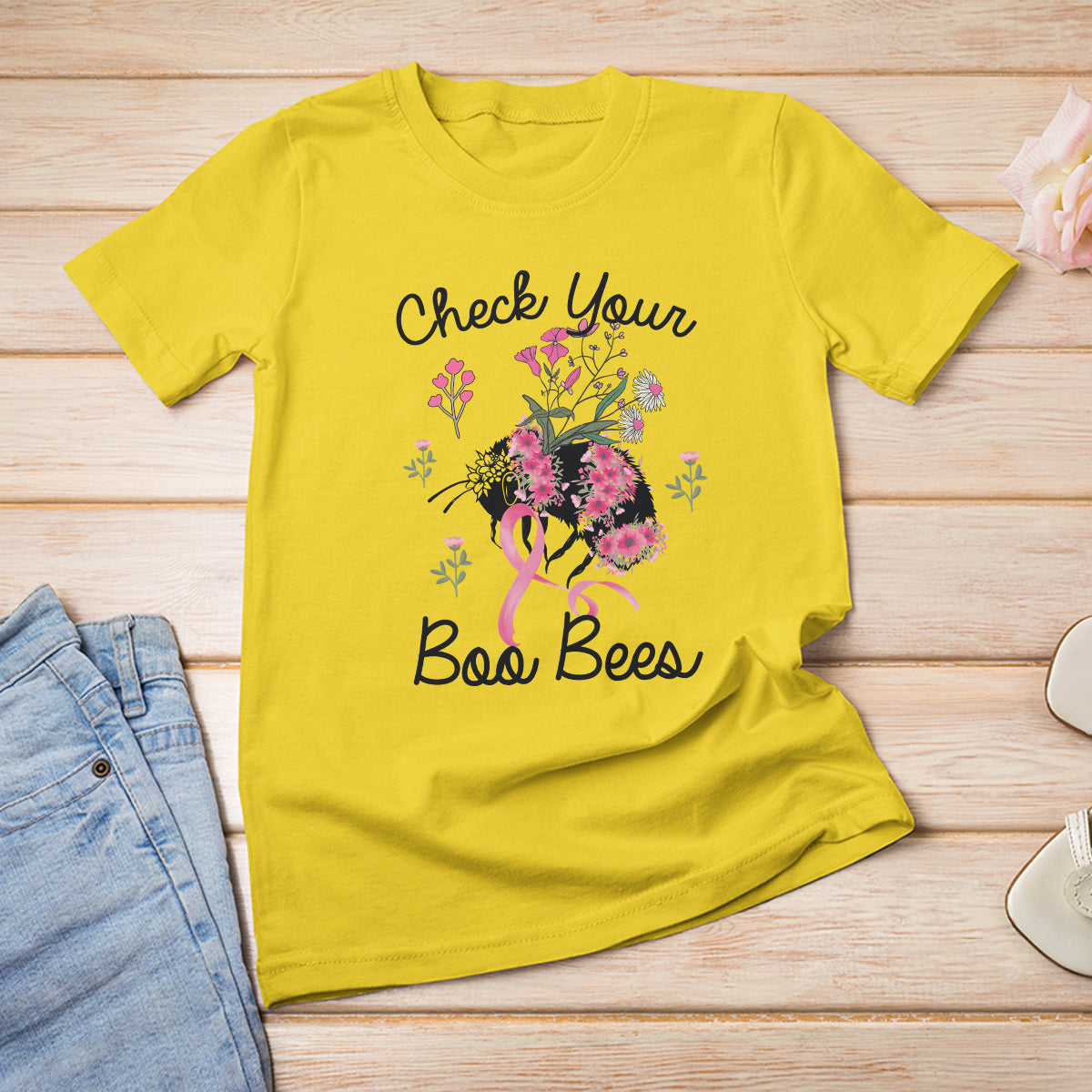 Breast Cancer Awareness T Shirt Check Your Boo Bees Pink Ribbon Support Squad - Wonder Print Shop