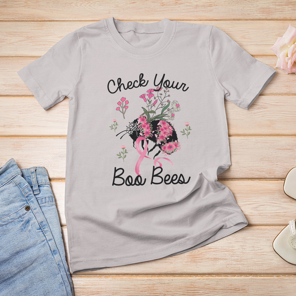 Breast Cancer Awareness T Shirt Check Your Boo Bees Pink Ribbon Support Squad - Wonder Print Shop