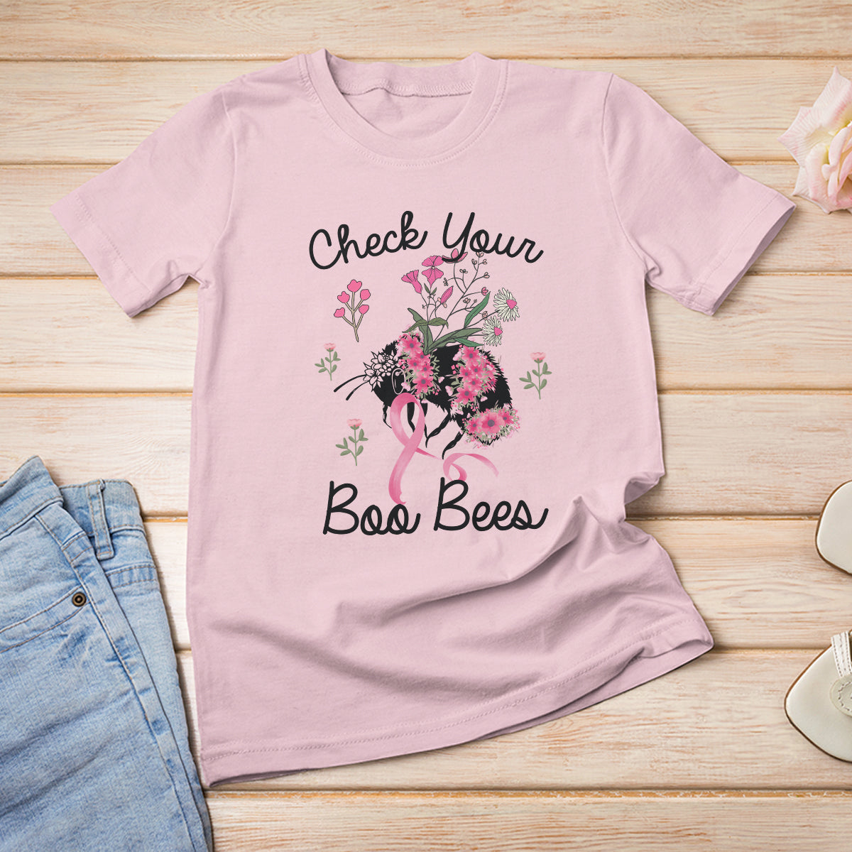 Breast Cancer Awareness T Shirt Check Your Boo Bees Pink Ribbon Support Squad - Wonder Print Shop