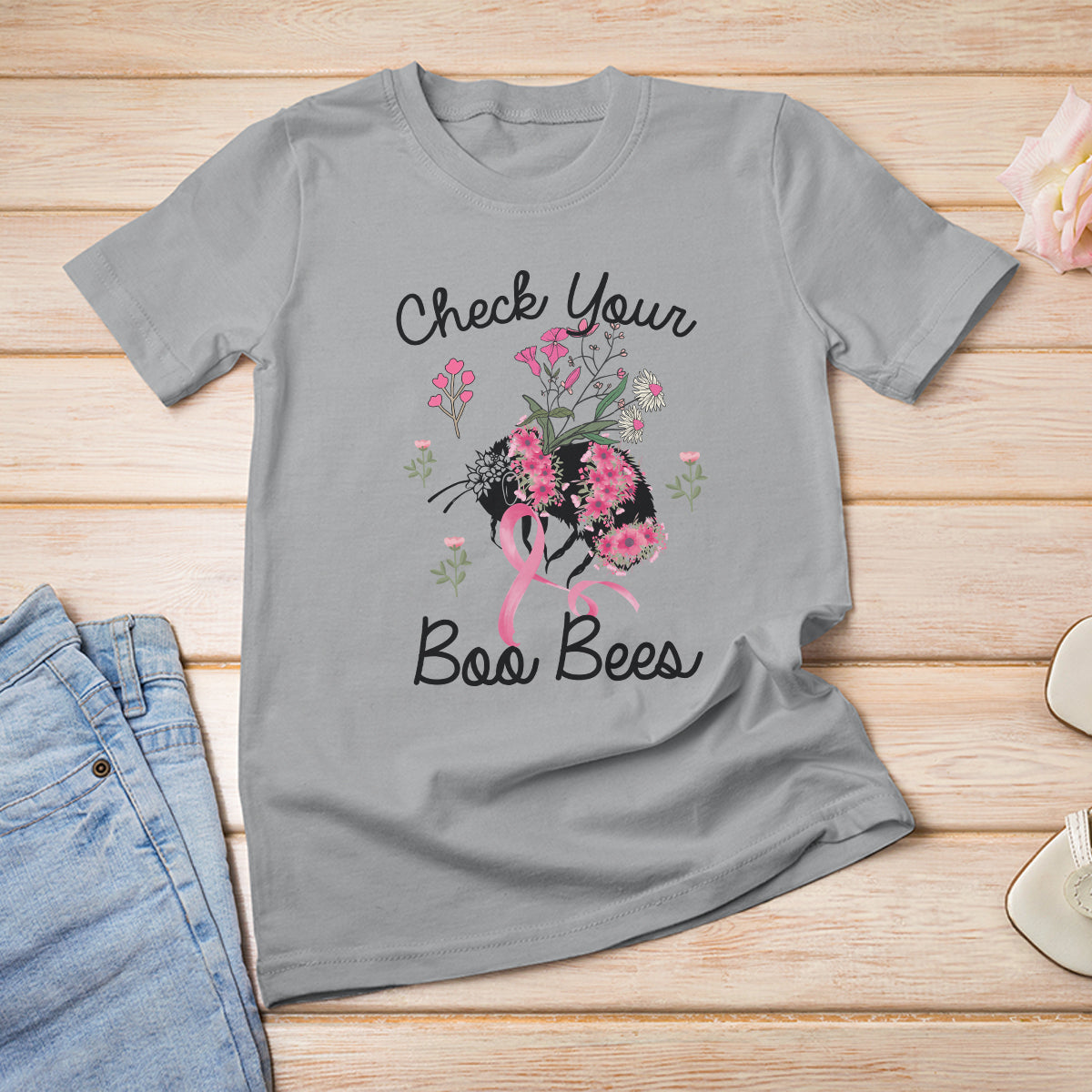 Breast Cancer Awareness T Shirt Check Your Boo Bees Pink Ribbon Support Squad - Wonder Print Shop