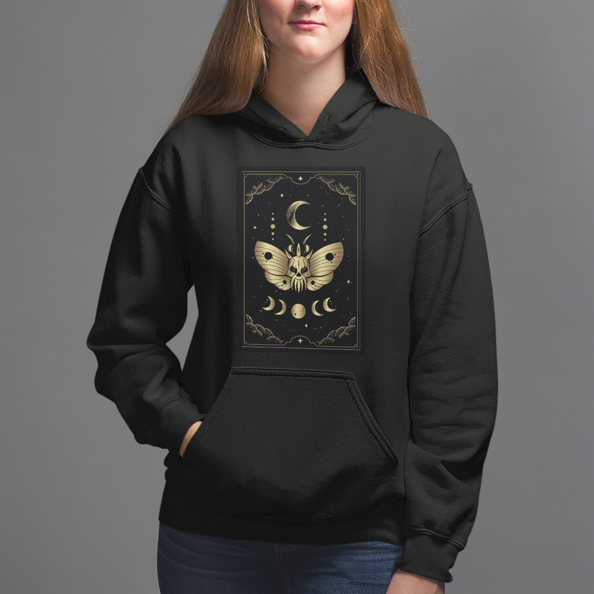 Celestial Dark Academia Death Head Moth Tarot Card Hoodie - Wonder Print Shop