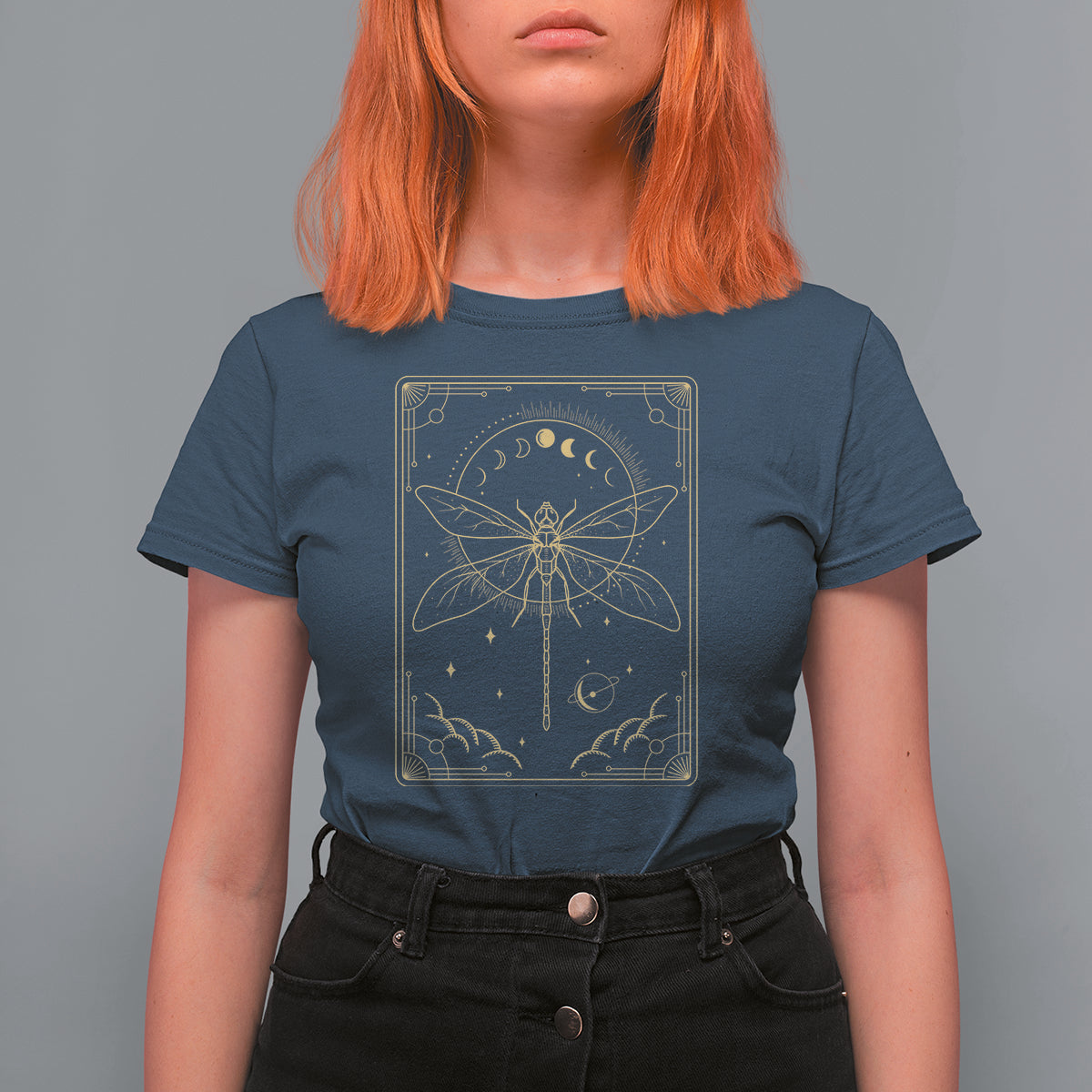 Celestial Dark Academia Dragonfly Tarot Card Moon Phases T Shirt For Women - Wonder Print Shop