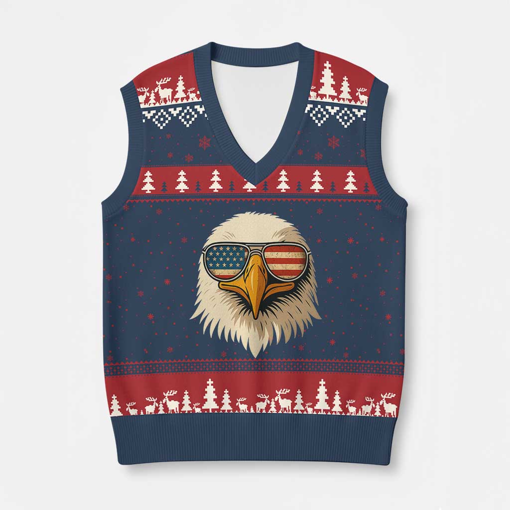 Patriotic Bald Eagle V-Neck Knit Sweater Vest With Sunglasses American Flag Vintage - Wonder Print Shop