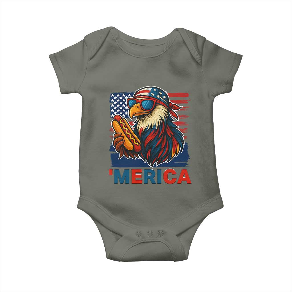 Funny American Eagle Eating Hot Dog Baby Onesie 4th Of July Party Patriotic USA Flag - Wonder Print Shop