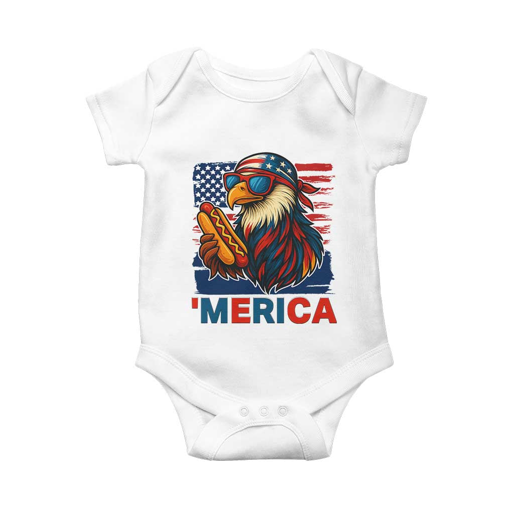 Funny American Eagle Eating Hot Dog Baby Onesie 4th Of July Party Patriotic USA Flag - Wonder Print Shop