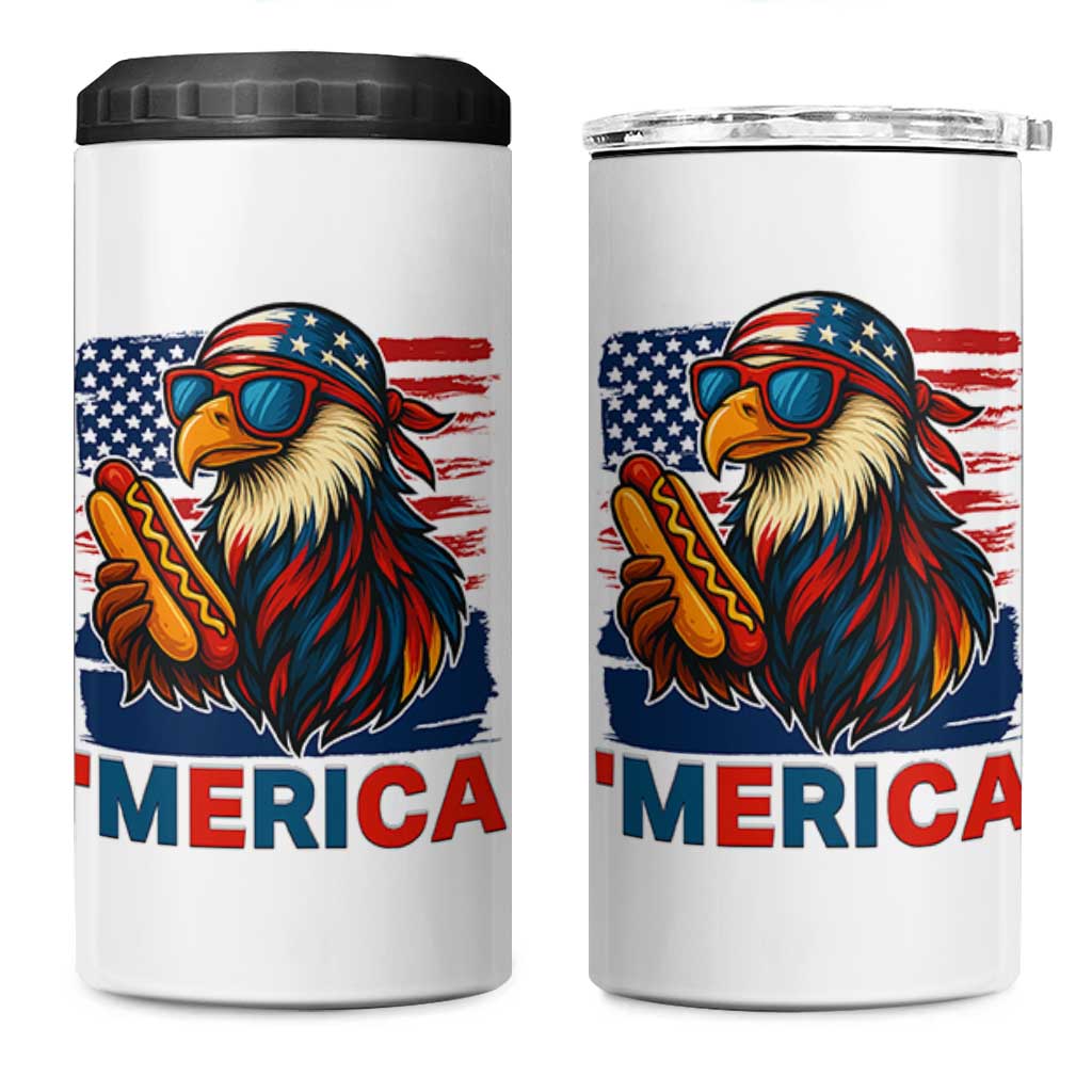 Funny American Eagle Eating Hot Dog 4 in 1 Can Cooler Tumbler 4th Of July Party Patriotic USA Flag - Wonder Print Shop