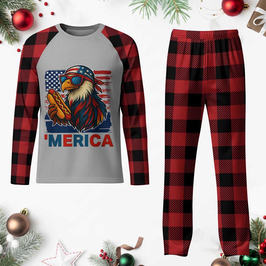 Funny American Eagle Eating Hot Dog Plaid Pajama Set 4th Of July Party Patriotic USA Flag - Wonder Print Shop