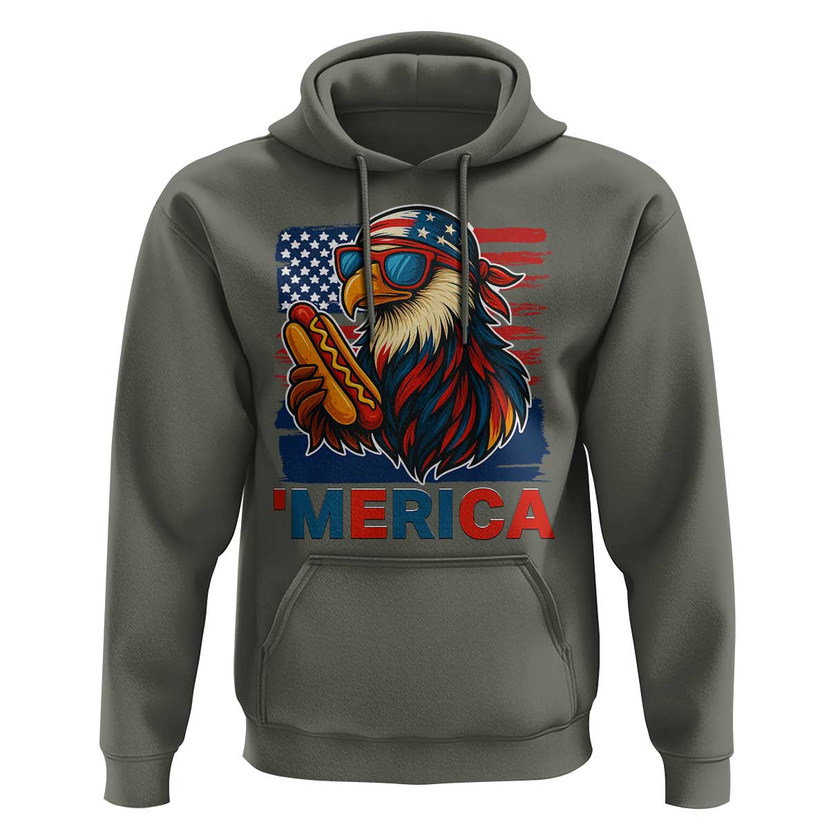 Funny American Eagle Eating Hot Dog Hoodie 4th Of July Party Patriotic USA Flag - Wonder Print Shop