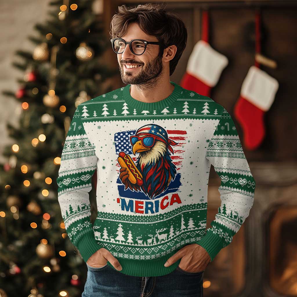 Funny American Eagle Eating Hot Dog Ugly Christmas Sweater 4th Of July Party Patriotic USA Flag - Wonder Print Shop
