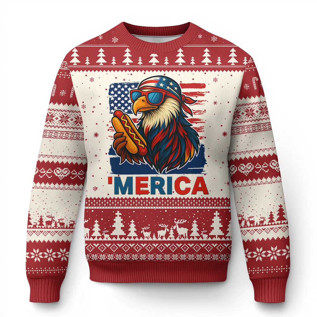 Funny American Eagle Eating Hot Dog Ugly Christmas Sweater 4th Of July Party Patriotic USA Flag - Wonder Print Shop
