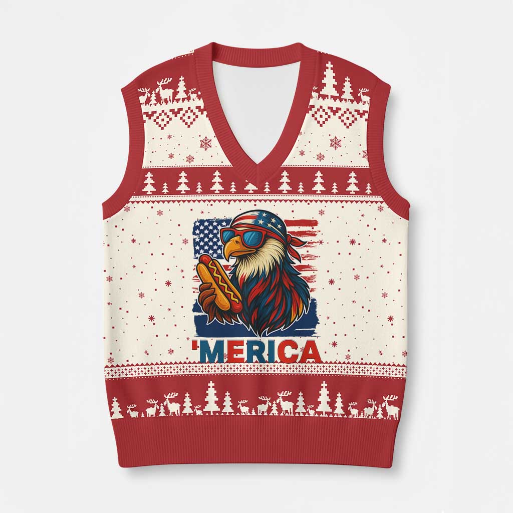 Funny American Eagle Eating Hot Dog V-Neck Knit Sweater Vest 4th Of July Party Patriotic USA Flag - Wonder Print Shop