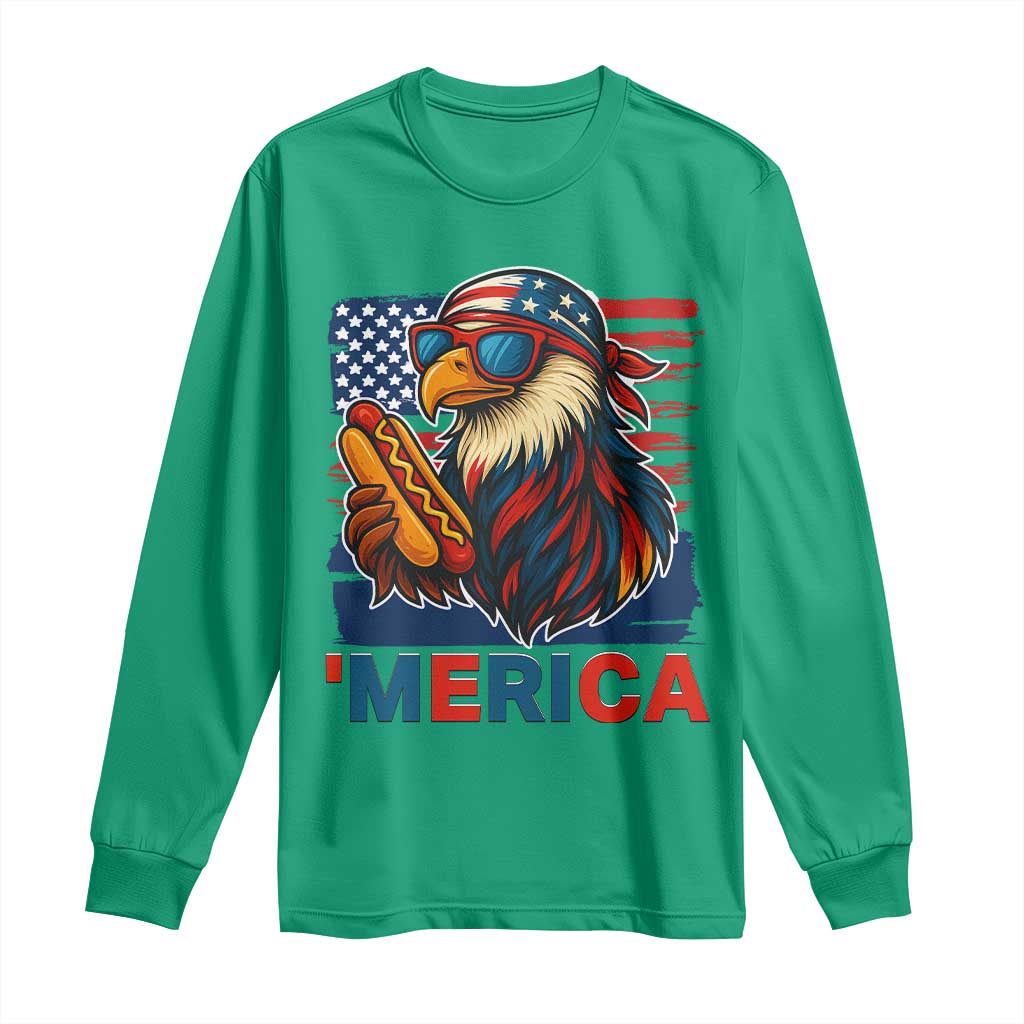 Funny American Eagle Eating Hot Dog Long Sleeve Shirt 4th Of July Party Patriotic USA Flag - Wonder Print Shop