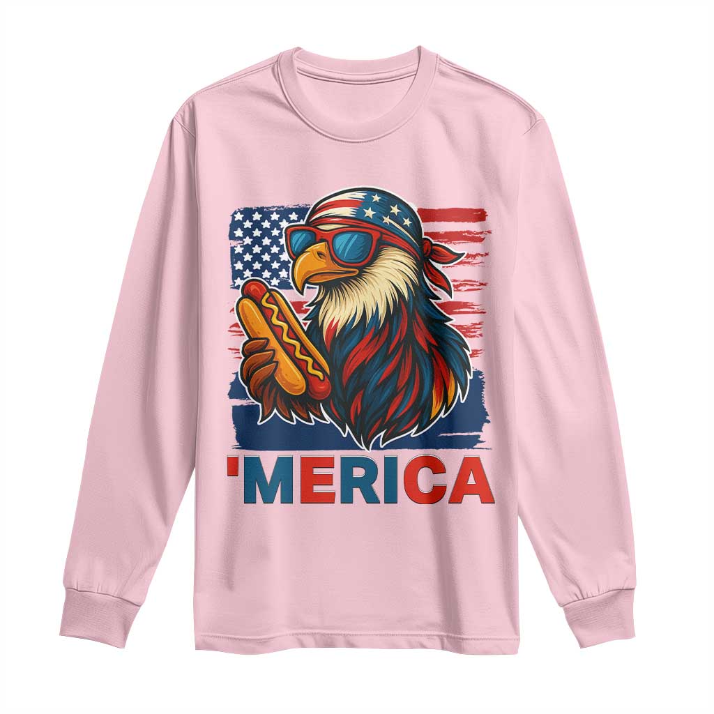 Funny American Eagle Eating Hot Dog Long Sleeve Shirt 4th Of July Party Patriotic USA Flag - Wonder Print Shop