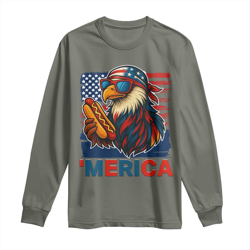 Funny American Eagle Eating Hot Dog Long Sleeve Shirt 4th Of July Party Patriotic USA Flag - Wonder Print Shop