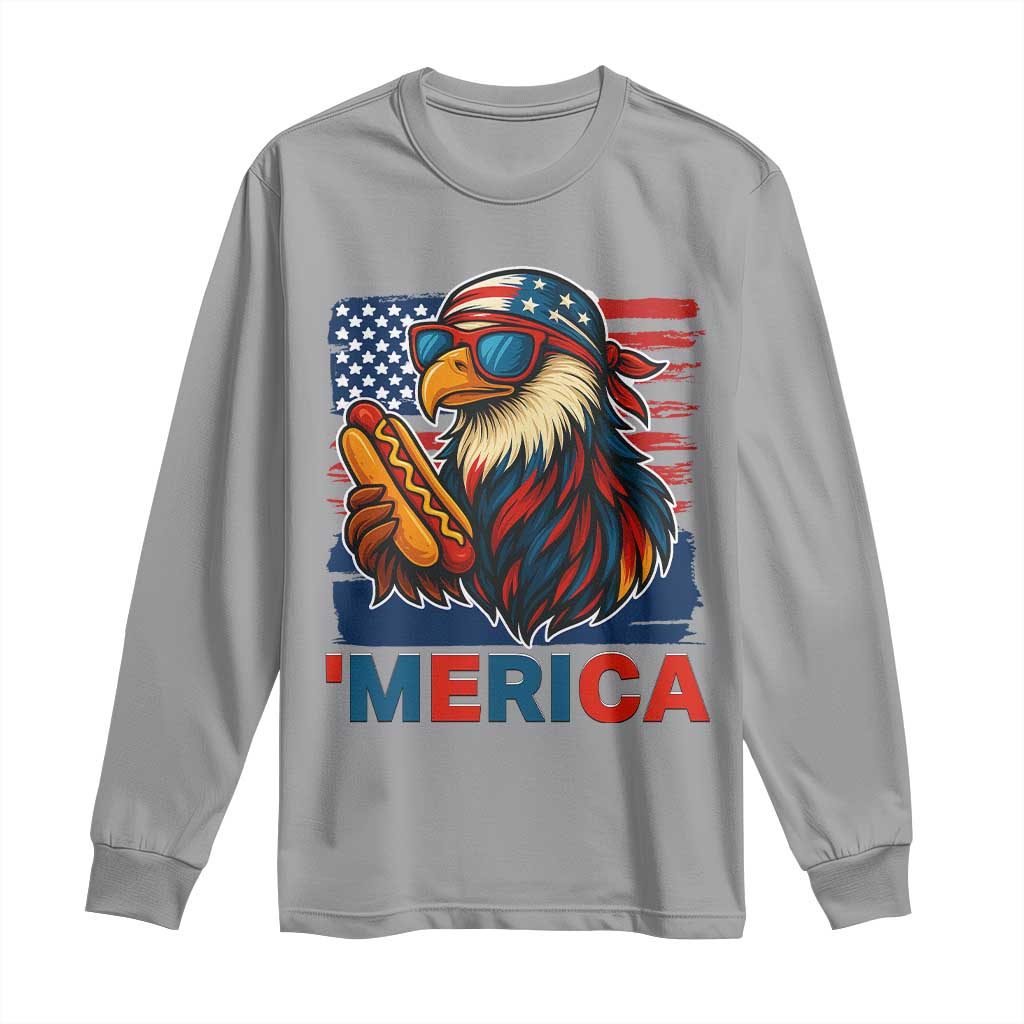 Funny American Eagle Eating Hot Dog Long Sleeve Shirt 4th Of July Party Patriotic USA Flag - Wonder Print Shop