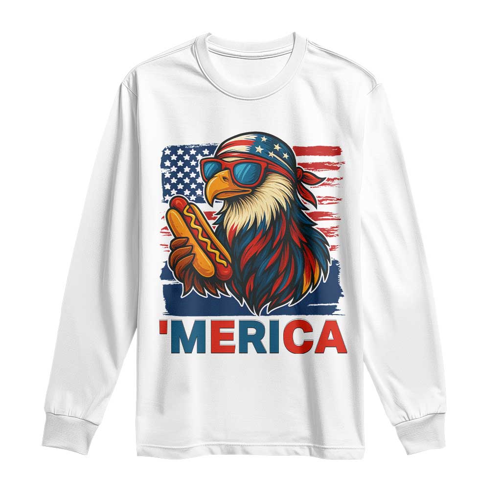 Funny American Eagle Eating Hot Dog Long Sleeve Shirt 4th Of July Party Patriotic USA Flag - Wonder Print Shop