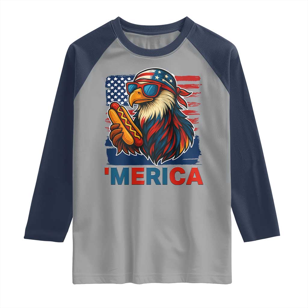 Funny American Eagle Eating Hot Dog Raglan Shirt 4th Of July Party Patriotic USA Flag - Wonder Print Shop