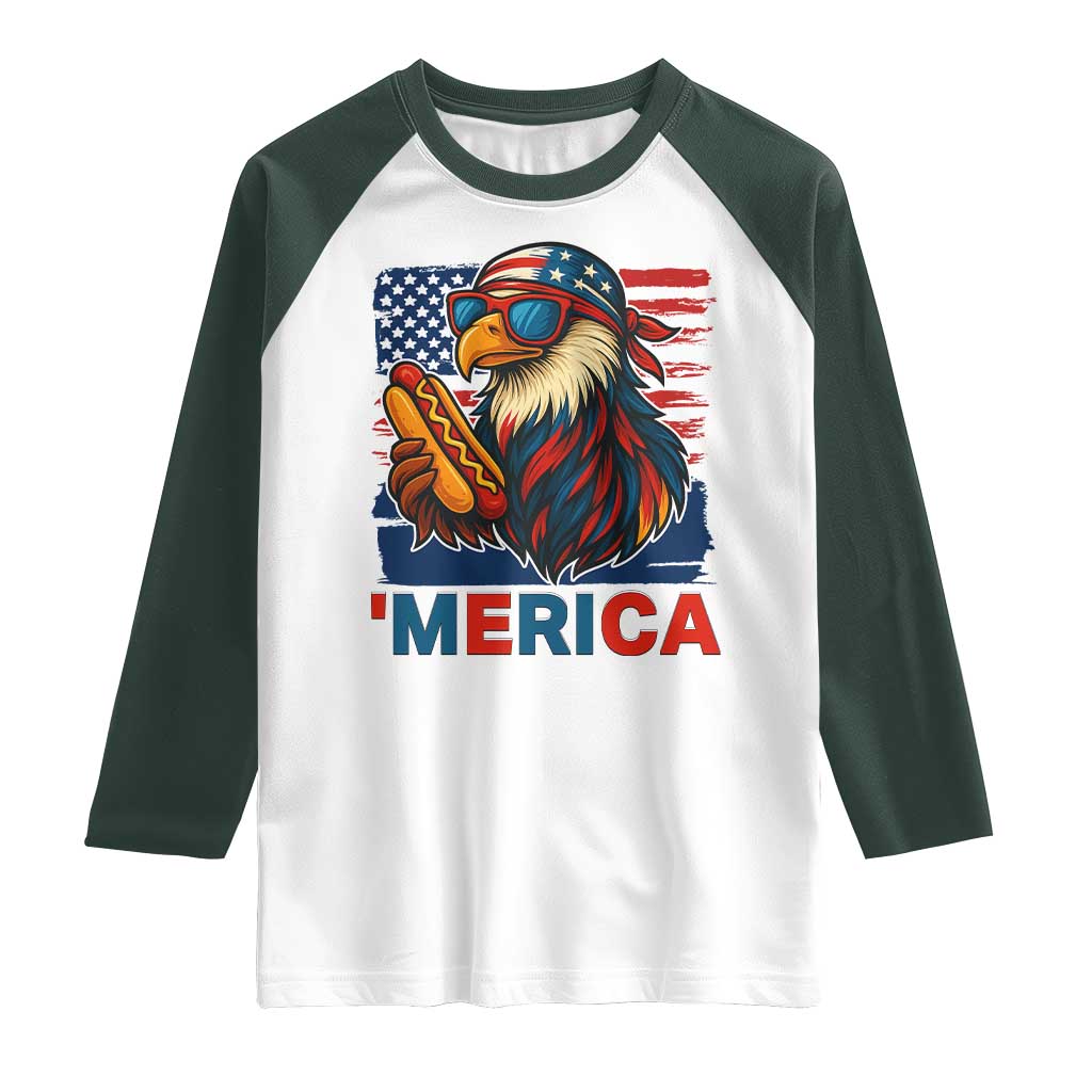 Funny American Eagle Eating Hot Dog Raglan Shirt 4th Of July Party Patriotic USA Flag - Wonder Print Shop