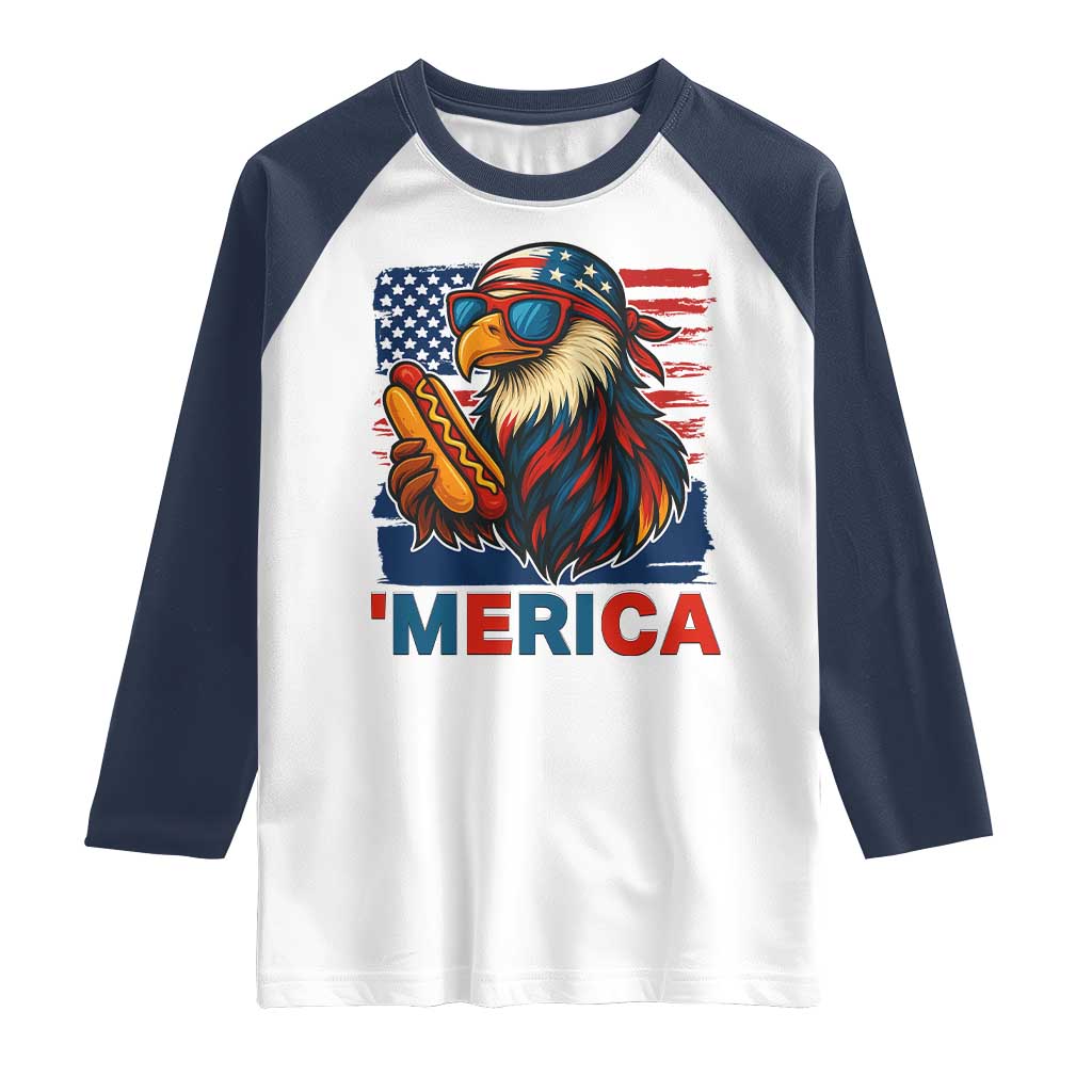 Funny American Eagle Eating Hot Dog Raglan Shirt 4th Of July Party Patriotic USA Flag - Wonder Print Shop