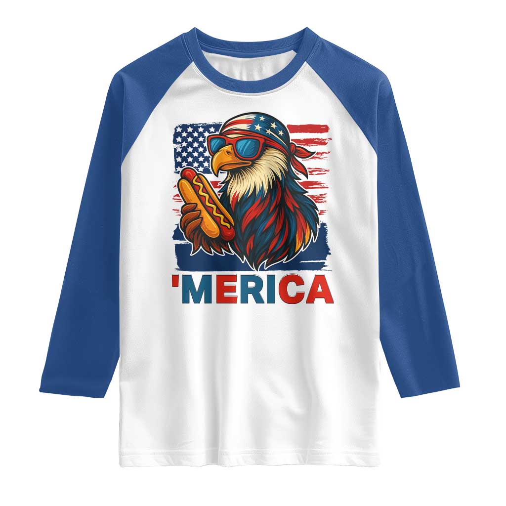 Funny American Eagle Eating Hot Dog Raglan Shirt 4th Of July Party Patriotic USA Flag - Wonder Print Shop