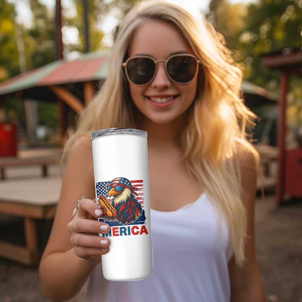 Funny American Eagle Eating Hot Dog Skinny Tumbler 4th Of July Party Patriotic USA Flag - Wonder Print Shop