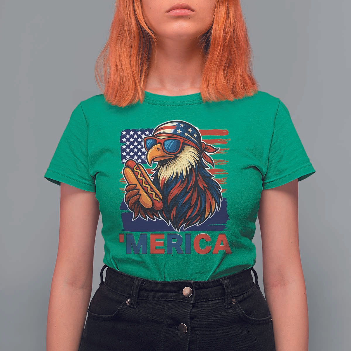 Funny American Eagle Eating Hot Dog T Shirt For Women 4th Of July Party Patriotic USA Flag - Wonder Print Shop