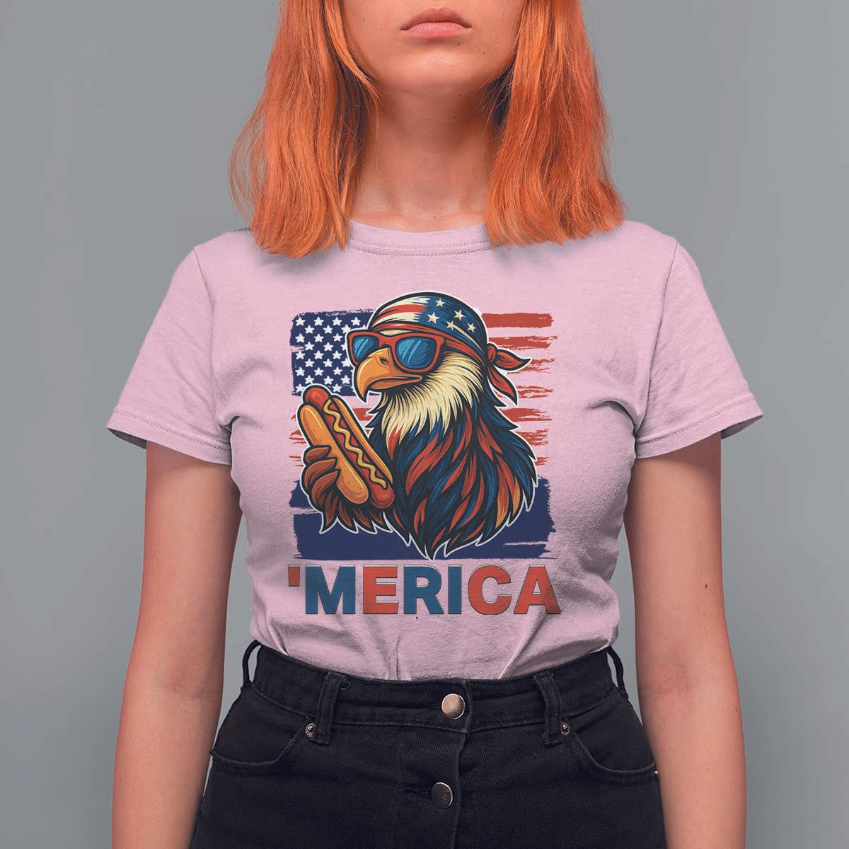 Funny American Eagle Eating Hot Dog T Shirt For Women 4th Of July Party Patriotic USA Flag - Wonder Print Shop
